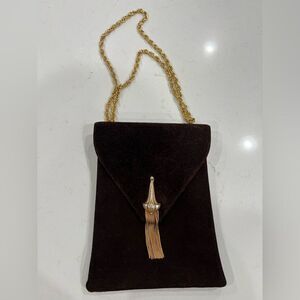 VINTAGE Triangle New York Brown Suede and Gold Tone Chain Detail Purse RARE!